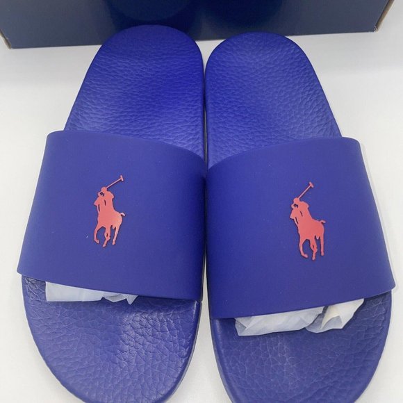 POLO Ralph Lauren Signature Pony MEN'S Slides ROYAL/RED size 10D - NEW IN BOX - Picture 1 of 9